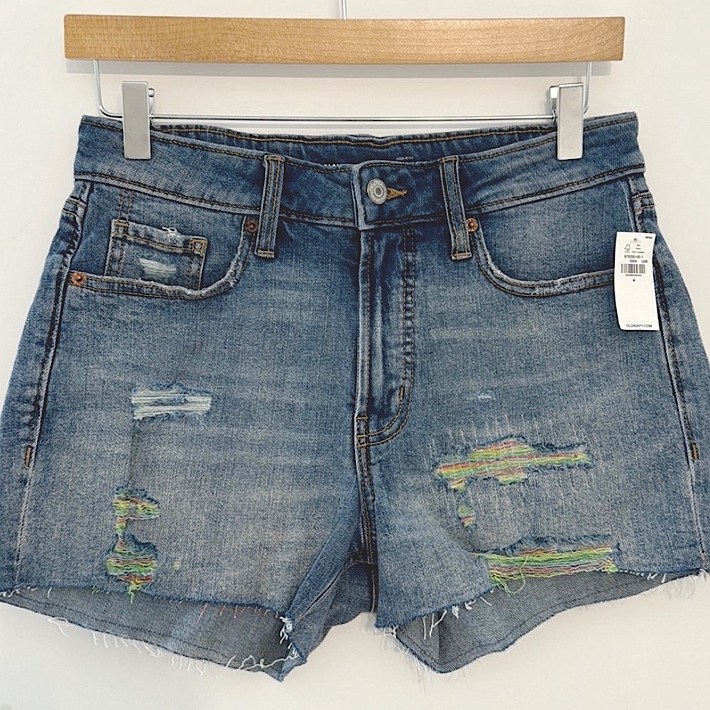 Old Navy Rainbow Thread High Rise OG Straight Jean Shorts Distressed 3” Inseam
